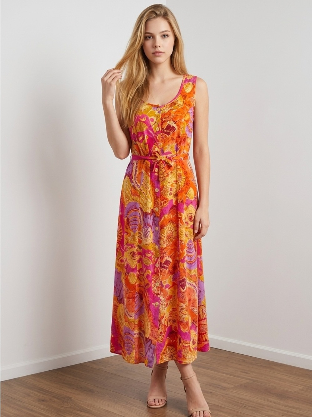 Vintage 90’s Sleeveless Maxi Dress in Fuchsia & Orange Floral Print